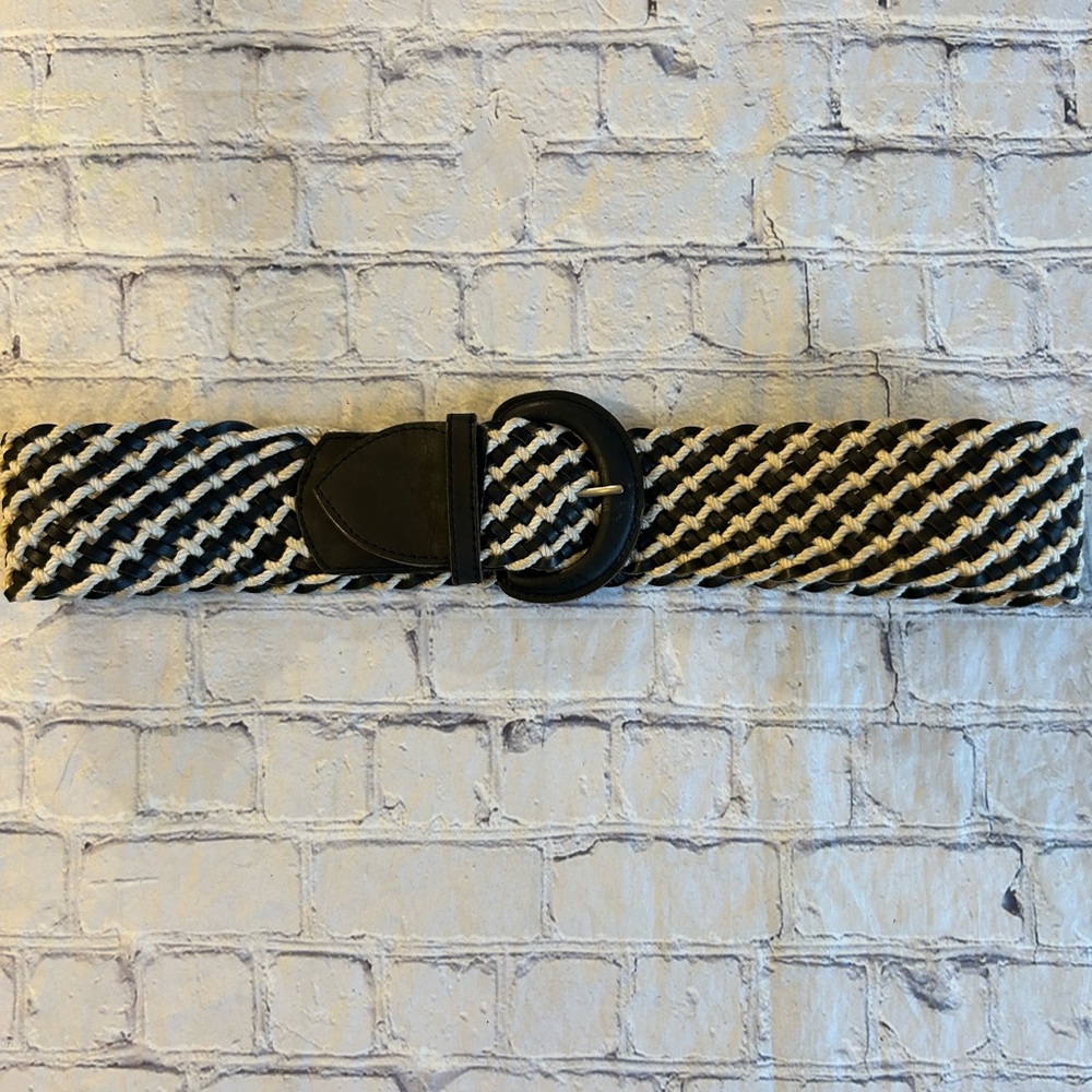 APT.9 WIDE BLACK AND CREAM WOVEN ON BRAZILIAN LEATHER INDIA MADE WOMENS BELT L - Picture 6 of 8
